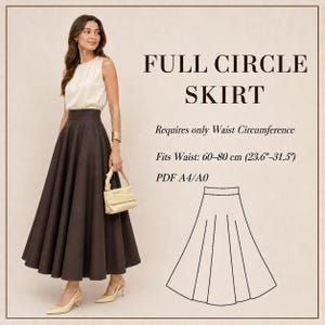 Puede incluir: Una mujer con una falda circular completa marrón y un top crema. La falda se ajusta a cinturas de 60-80 cm (23.6"-31.5"). La imagen incluye el texto "FULL CIRCLE SKIRT" y un diagrama de la falda.