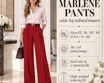 May include: Marlene pants wide-leg tailored trousers with high-waisted fit. Text includes MARLENE PANTS, wide-leg tailored trousers, Sizes EU 36 / 38 / 40 (US 6 / 8 / 10), A0 / A4 print format, Each size in a separate file, High-waisted wide-leg fit.