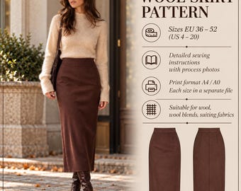 May include: A digital sewing pattern for a high-waisted, ankle-length brown wool skirt. The image displays the text WOOL SKIRT PATTERN, sizes EU 36-52 and US 4-20, sewing instructions, A4/A0 print formats, and front and back views of the skirt.