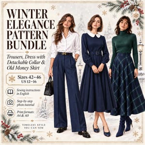 Può includere: Un pacchetto di cartamodelli intitolato Winter Elegance Pattern Bundle che include pantaloni, un abito con colletto staccabile e una gonna. Include taglie 42-46 e US 12-16, istruzioni in inglese, tutorial fotografico e formati A4 e A0.