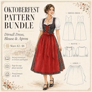 May include: Oktoberfest Pattern Bundle for a dirndl dress, blouse, and apron in sizes 42-46. Includes sewing instructions in German and English, a step-by-step photo tutorial, and print formats in A4 and A0. Features a technical illustration.