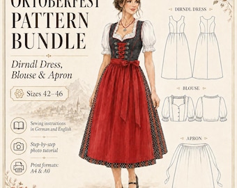 May include: Oktoberfest Pattern Bundle for a dirndl dress, blouse, and apron in sizes 42-46. Includes sewing instructions in German and English, a step-by-step photo tutorial, and print formats in A4 and A0. Features a technical illustration.