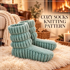 May include: A pair of light teal knitted slipper socks with a thick ribbed cuff and textured stitch pattern. The text COZY SOCKS KNITTING PATTERN is displayed in dark brown letters on the right side of the image.