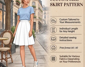 May include: A custom size skirt pattern featuring a light blue t-shirt and a white knee-length skirt. Text includes: CUSTOM SIZE SKIRT PATTERN, Custom Tailored to Your Measurements, Individual Length for Any Height, Detailed sewing instructions, Print format A4 / A0, Suitable for Various Fabrics Depending on Your Preferences, YOUR PERFECT FIT. ANY SIZE. ANY LENGTH. UNIQUE OFFER.