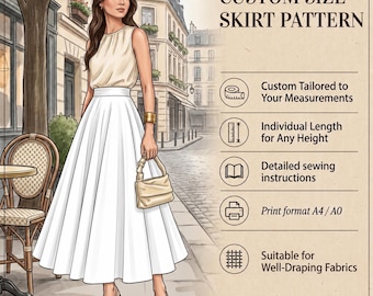 May include: A custom size skirt pattern illustration featuring a person in a white sleeveless top and long white skirt. Text includes: CUSTOM SIZE SKIRT PATTERN, Custom Tailored to Your Measurements, Individual Length for Any Height, Detailed sewing instructions, Print format A4 / A0, Suitable for Well-Draping Fabrics, YOUR PERFECT FIT. ANY SIZE. ANY LENGTH. UNIQUE OFFER.