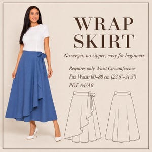 May include: A woman wearing a blue wrap skirt with a white top. The image includes text that reads "WRAP SKIRT" and "Fits Waist: 23.5"-31.5". The skirt design is easy for beginners, requiring only waist circumference.