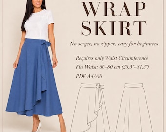 May include: A woman wearing a blue wrap skirt with a white top. The image includes text that reads "WRAP SKIRT" and "Fits Waist: 23.5"-31.5". The skirt design is easy for beginners, requiring only waist circumference.