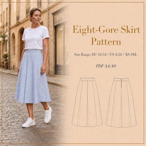 Op de afbeelding: Een vrouw draagt een wit T-shirt en een blauw-wit patroon rok. De afbeelding bevat ook een patroon voor een Eight-Gore rok, met maten EU 34-54 / US 4-24 / XS-3XL. Het patroon is beschikbaar in PDF A4/A0 formaat.