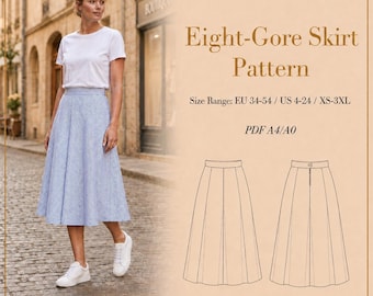 May include: A woman wearing a white t-shirt and a blue and white patterned skirt. The image also features a pattern for an Eight-Gore Skirt, with size ranges EU 34-54 / US 4-24 / XS-3XL. The pattern is available in PDF A4/A0 format.