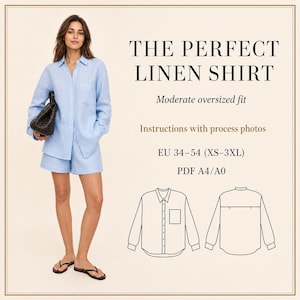 Puede incluir: Un conjunto de camisa y pantalón corto de lino azul claro. La camisa tiene una parte delantera abotonada y un bolsillo en el pecho. El texto de la imagen dice: "THE PERFECT LINEN SHIRT". El conjunto se muestra en una persona. La imagen también incluye el texto "Moderate oversized fit" y "EU 34-54 (XS-3XL)".