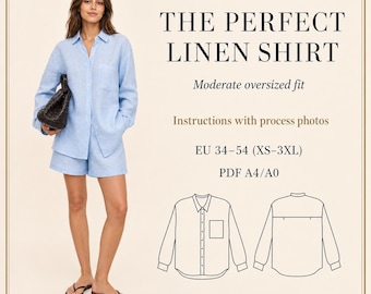 May include: A light blue linen shirt and shorts set. The shirt has a button-down front and a chest pocket. The text on the image reads: "THE PERFECT LINEN SHIRT". The set is shown on a person. The image also includes the text "Moderate oversized fit" and "EU 34-54 (XS-3XL)".