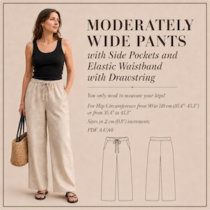 May include: Moderately wide pants with side pockets and an elastic waistband with a drawstring. The text indicates hip measurements from 35.4 to 43.3 inches, with sizes in 0.8 inch increments. Includes a PDF pattern for A4/A0 paper sizes.