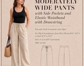 May include: Moderately wide pants with side pockets and an elastic waistband with a drawstring. The text indicates hip measurements from 35.4 to 43.3 inches, with sizes in 0.8 inch increments. Includes a PDF pattern for A4/A0 paper sizes.