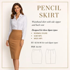 Op de afbeelding: Een vrouw draagt een bruine potloodrok en een wit overhemd. De afbeelding bevat de tekst "PENCIL SKIRT" en informatie over het ontwerp van de rok, inclusief een zijrits en een split aan de achterkant. De rok is ontworpen voor drie figuurtypes.