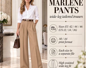 May include: Marlene pants wide-leg tailored trousers. The image displays high-waisted tan trousers with a wide-leg fit, paired with a white button-down shirt, a brown belt, and brown loafers. Text includes: MARLENE PANTS, wide-leg tailored trousers.