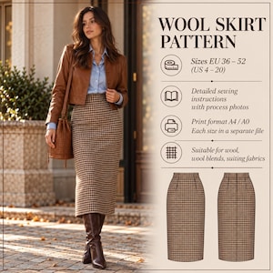 Wool Skirt Sewing Pattern PDF, High Waisted Midi Pencil Skirt Pattern, Elegant Winter Skirt Digital Sewing Pattern A4 A0, Sizes EU 36-52