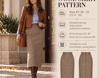 May include: A digital sewing pattern for a wool skirt featuring a houndstooth pattern. The document includes sizes EU 36-52 and US 4-20, detailed sewing instructions with process photos, A4 and A0 print formats, and fabric recommendations.