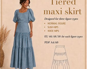 May include: A light blue tiered maxi skirt. The skirt is designed for three figure types. The text on the image reads "Tiered maxi skirt" and "Designed for three figure types". The skirt is available in EU sizes 46/48/50.