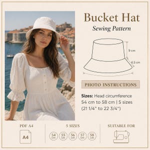 May include: A woman wearing a white bucket hat, with the text "Bucket Hat Sewing Pattern". The pattern includes sizes for head circumferences from 54 cm to 58 cm. The image also shows a diagram with measurements in centimeters.
