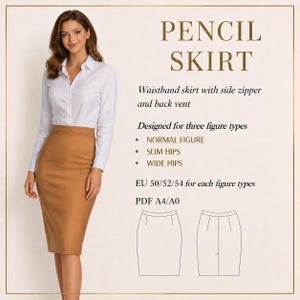 Op de afbeelding: Een vrouw draagt een bruin potloodrok en een wit overhemd. De afbeelding bevat de tekst "PENCIL SKIRT" en informatie over het ontwerp van de rok, inclusief een ritssluiting aan de zijkant, een split aan de achterkant en geschikt voor verschillende lichaamstypes. EU-maten 50/52/54.