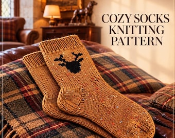 May include: A pair of mustard yellow knit socks featuring a black deer silhouette graphic and multicolored flecks. The text COZY SOCKS KNITTING PATTERN is displayed in dark brown lettering on the right side of the image.