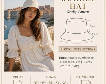 May include: A woman wearing a beige bucket hat and a white dress. The image includes a sewing pattern diagram with measurements in centimeters and inches. The pattern is for a bucket hat, with sizes ranging from 56 cm to 60 cm (22" to 23 5/8").