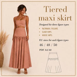 Può includere: Una donna indossa un completo composto da gonna lunga a balze e top corto color rosa antico. La gonna è a vita alta e fluida. Il testo nell'immagine recita "Tiered maxi skirt" e "Taglie UE 46/48/50".