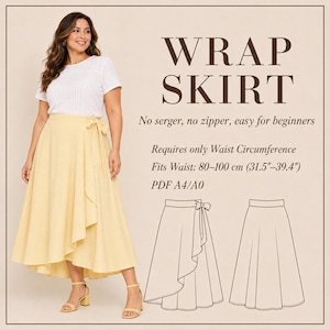 May include: A woman wearing a yellow wrap skirt with a white top. The skirt has a tie closure and a flowing design. Text on the image reads "WRAP SKIRT" and "Fits Waist: 31.5"-39.4".