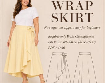 May include: A woman wearing a yellow wrap skirt with a white top. The skirt has a tie closure and a flowing design. Text on the image reads "WRAP SKIRT" and "Fits Waist: 31.5"-39.4".