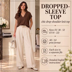 Può includere: Un top marrone con scollo a V e maniche scese abbinato a pantaloni ampi color crema e una borsa chiara. Il testo riporta: DROPPED-SLEEVE TOP, chic drop-shoulder knit top, Sizes EU 38-52 (US 8-22), A0/A4 print format, istruzioni in inglese.