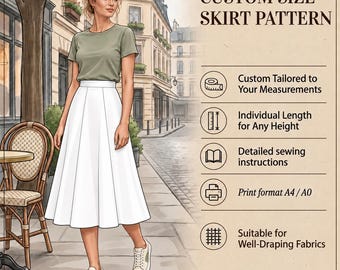 May include: A custom size skirt pattern featuring a white midi skirt, a sage green t-shirt, and white sneakers. The text reads: CUSTOM SIZE SKIRT PATTERN, Custom Tailored to Your Measurements, Individual Length for Any Height, Detailed sewing instructions, Print format A4 / A0, Suitable for Well-Draping Fabrics, YOUR PERFECT FIT. ANY SIZE. ANY LENGTH. UNIQUE OFFER.
