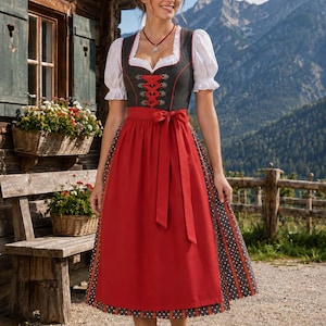 May include: A dirndl dress featuring a dark grey bodice with red lace-up detailing and silver-toned hooks, paired with a white blouse with puffed sleeves. The skirt is dark grey with a white polka dot pattern, covered by a solid red apron with a bow.