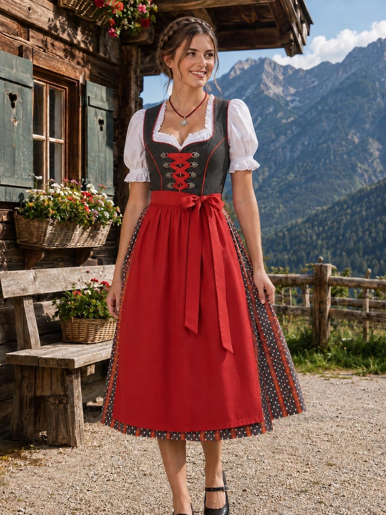May include: A dirndl dress featuring a dark grey bodice with red lace-up detailing and silver-toned hooks, paired with a white blouse with puffed sleeves. The skirt is dark grey with a white polka dot pattern, covered by a solid red apron with a bow.