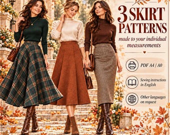 May include: Three skirt patterns featuring a green plaid A-line skirt, a solid rust-colored flared skirt, and a brown houndstooth pencil skirt. The text reads 3 SKIRT PATTERNS made to your individual measurements, PDF A4 / A0, Sewing instructions in English, and Other languages on request.