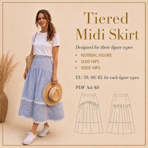 May include: A woman wearing a white t-shirt and a blue and white striped midi skirt. The skirt has a tiered design with a lace trim. The image includes text that says "Tiered Midi Skirt" and "Designed for three figure types".