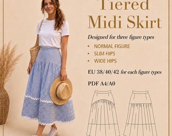 May include: A woman wearing a white t-shirt and a blue and white striped midi skirt. The skirt has a tiered design with a lace trim. The image includes text that says "Tiered Midi Skirt" and "Designed for three figure types".