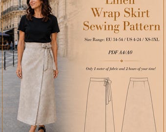 May include: A woman wearing a beige linen wrap skirt and a black top. The image includes a sewing pattern with the text "Linen Wrap Skirt Sewing Pattern". The pattern size range is US 4-24 / XS-3XL. The pattern requires 1 meter of fabric.