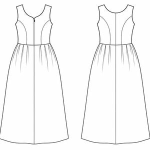 May include: A black and white technical line drawing of a sleeveless dress shown from both the front and back views. The dress features a V-neckline, princess seams on the bodice, and a gathered skirt that falls to a midi or maxi length.
