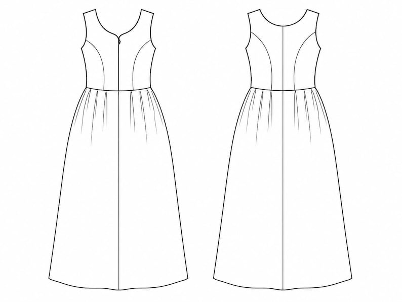 May include: A black and white technical line drawing of a sleeveless dress shown from both the front and back views. The dress features a V-neckline, princess seams on the bodice, and a gathered skirt that falls to a midi or maxi length.