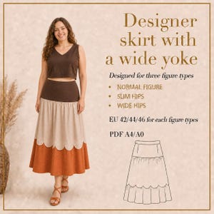 Designer Skirt Pattern with Wide Yoke, Color Block Midi Skirt PDF Sewing Pattern for Women, Sizes EU 42-46