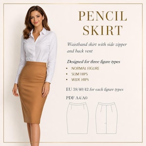 May include: A woman wearing a white button-down shirt and a tan pencil skirt. The image includes text that reads "Pencil Skirt" and details about the skirt's design, including a side zipper and back vent. The skirt is designed for three figure types.