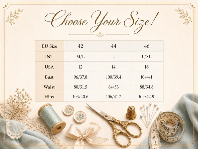 May include: A size chart titled Choose Your Size! with columns for EU, INT, and USA sizes, plus bust, waist, and hip measurements in cm and inches. Below the chart are sewing supplies: a spool of light blue thread, two buttons, scissors, a thimble, pins, and a measuring tape.