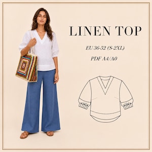 Puede incluir: Una mujer con un top de lino blanco y pantalones azules, sosteniendo un bolso tote de crochet colorido. La imagen incluye el texto "LINEN TOP" y un dibujo lineal del diseño del top. El top tiene cuello en V y mangas de codo.
