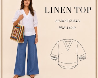 May include: A woman wearing a white linen top and blue pants, holding a colorful crocheted tote bag. The image includes the text "LINEN TOP" and a line drawing of the top's design. The top has a V-neck and elbow-length sleeves.