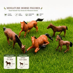 May include: A collection of miniature, hand-painted horse figures in various poses, with brown and black coloring, set on artificial green grass. The image includes text that reads "Miniature Horse Figures" and "Hand Painted Tiny Horses for Miniature Scenes."