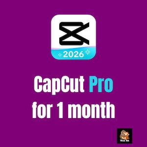 May include: A purple graphic featuring the CapCut logo with a black icon on a white rounded square, including the text 2026, CapCut Pro for 1 month, and a small square icon in the bottom right corner showing two cartoon monkeys hugging.