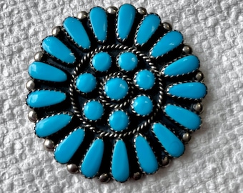 Signed JJP Round Native American Pendant Brooch, Turquoise & 925 Sterling Silver
