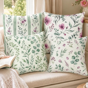 Sage Green Floral Pillow Cover Eucalyptus Throw Pillow Lavender Watercolor Cushion Cover Greenery Botanical Spring Farmhouse Decor Gift