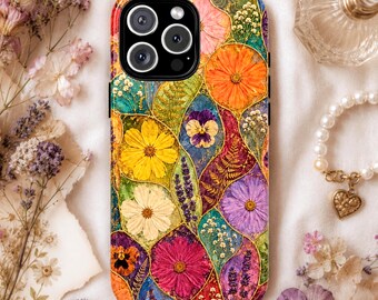Stained glass pressed flower phone case wildflower botanical iPhone cover Samsung case cottagecore floral design phone accessory cute gift