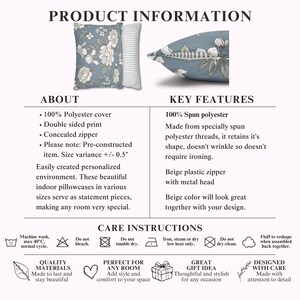 May include: A blue pillowcase featuring a white floral pattern on one side and a white and gray striped pattern on the other. The product information sheet includes details about the 100% polyester material, a concealed beige plastic zipper, and care instructions.